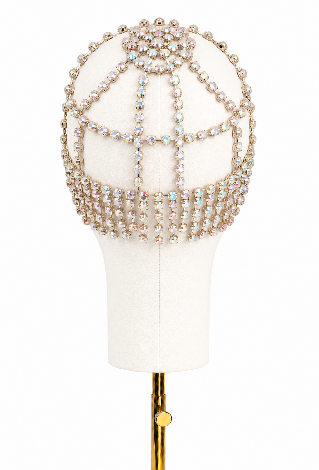 Iridescent crystal halo headband with beaded fringe and jewel drop centerpiece