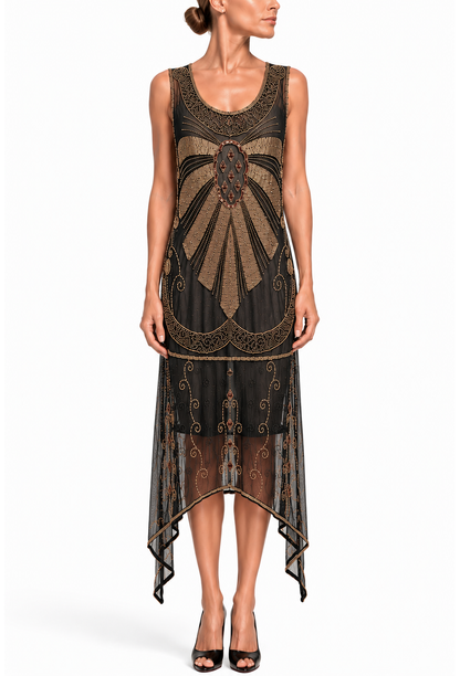 Sleeveless embellished overlay dress with dark blue sheer layers and gold medallion front
