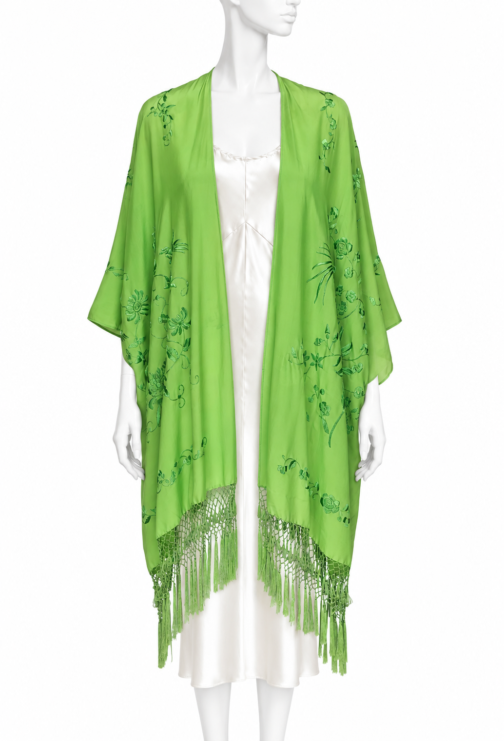 Lime green silk wrap with embroidered detailing and fringe hem