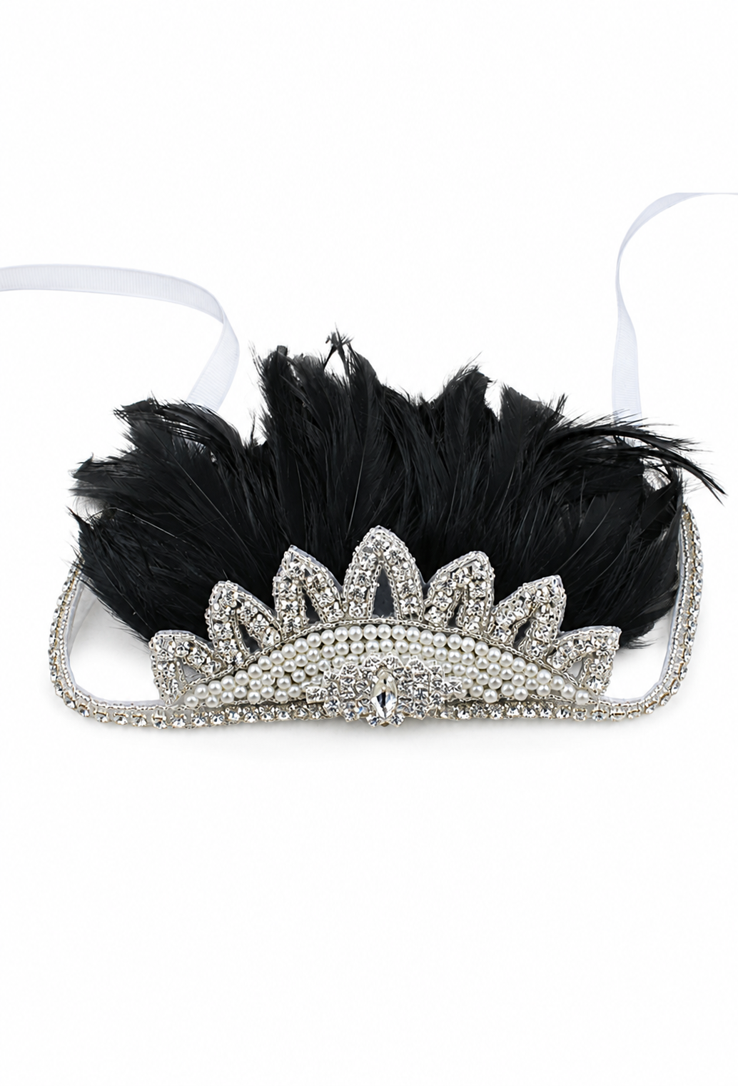Black feather crown with silver rhinestone marquise tiara band and faux pearls