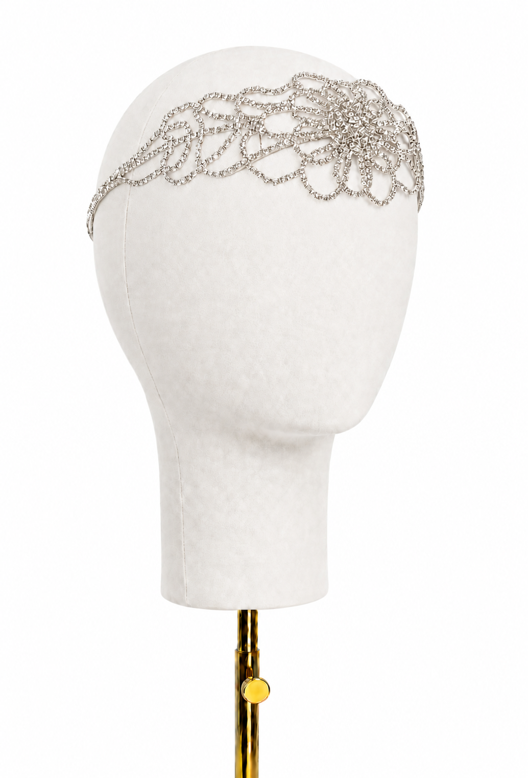 Palladium diamante headpiece with silver-tone jeweled chain on a curved band