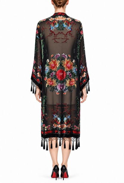 Embroidered floral kimono with tassel fringe, worn look with wide multicolor sleeves and hem