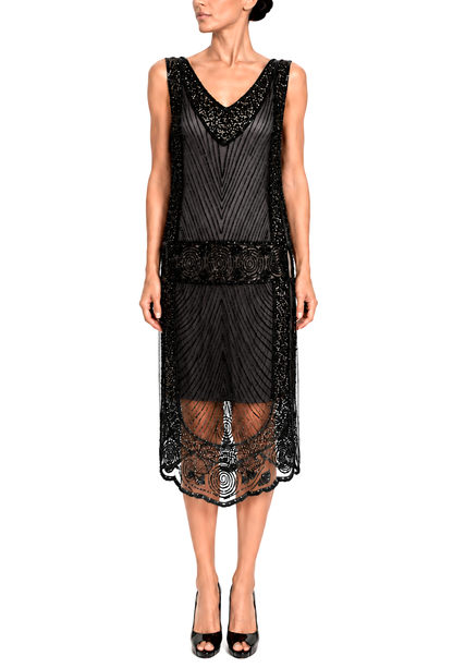 Black sleeveless tabard dress with beaded neckline, layered mesh, and scalloped hem