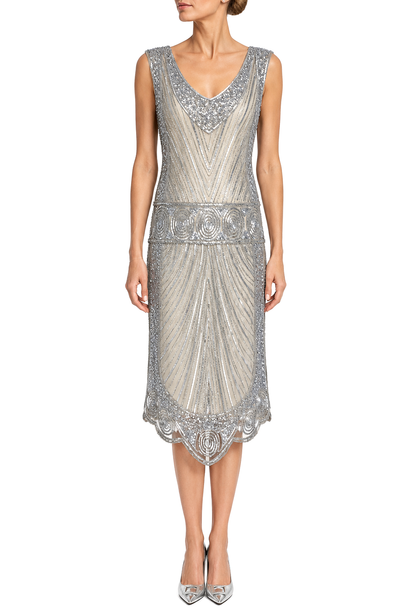 Modernist tabard on model, silver-gray sequined sleeveless V-neck knee-length dress.