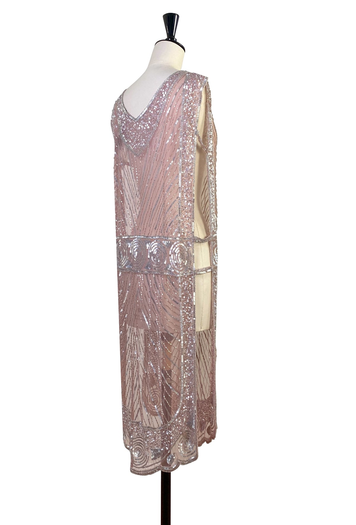 Rose-pink embellished tabard with V-neck and beadwork, draped skirt silhouette