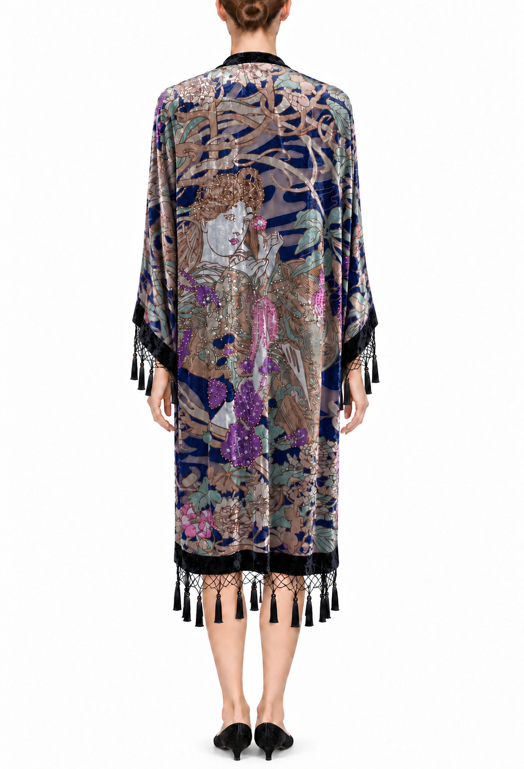 Velvet kimono on model, long drape style, purple and blue print, fringe hem