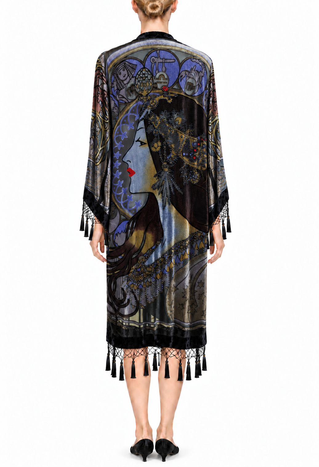 Long velvet kimono with zodiac artwork on back, open front, tassel trim at hem