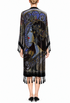 Long velvet kimono with zodiac artwork on back, open front, tassel trim at hem