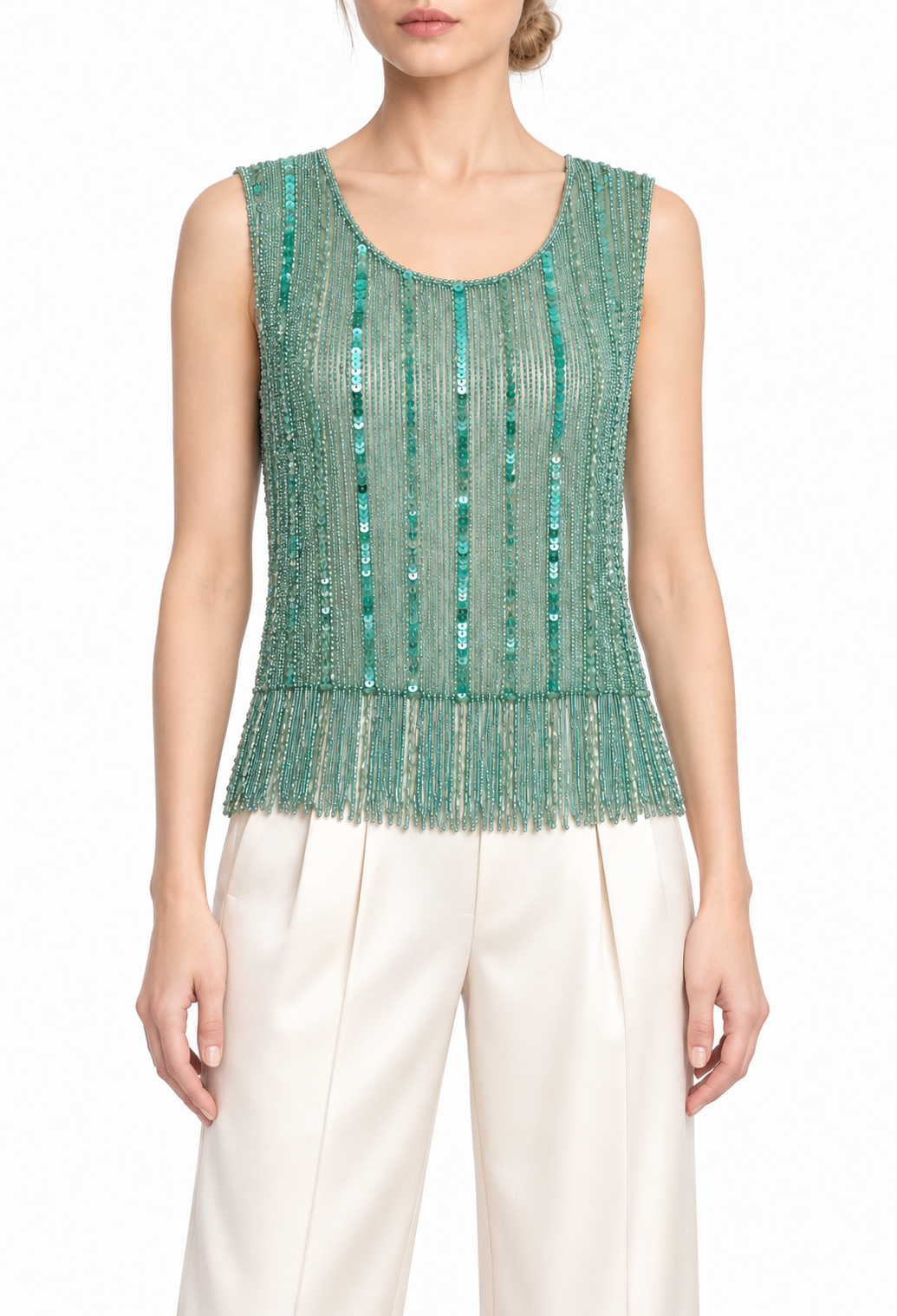Verdigris beaded fringe sleeveless top with round neckline