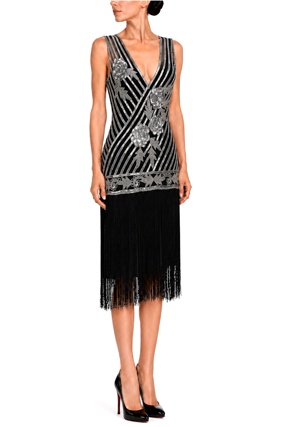 Silver beaded sleeveless V-neck artist gown with fringe hem and black lining