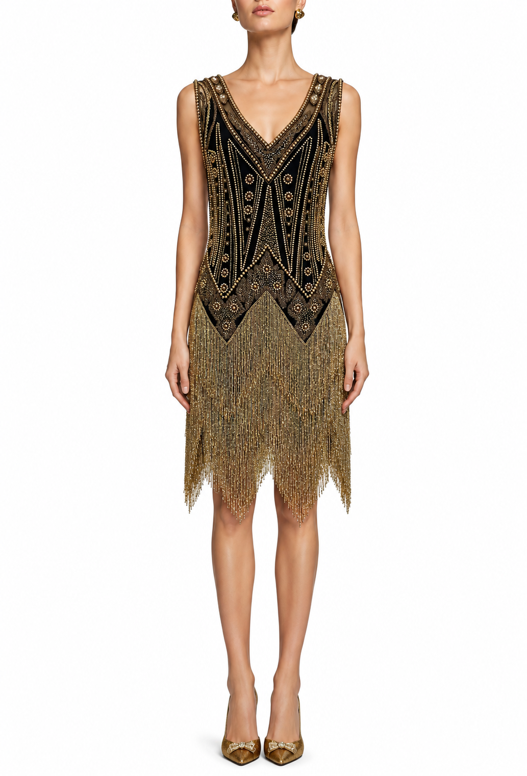 Noir gilt sleeveless V-neck beaded gown with gold-toned fringe hem