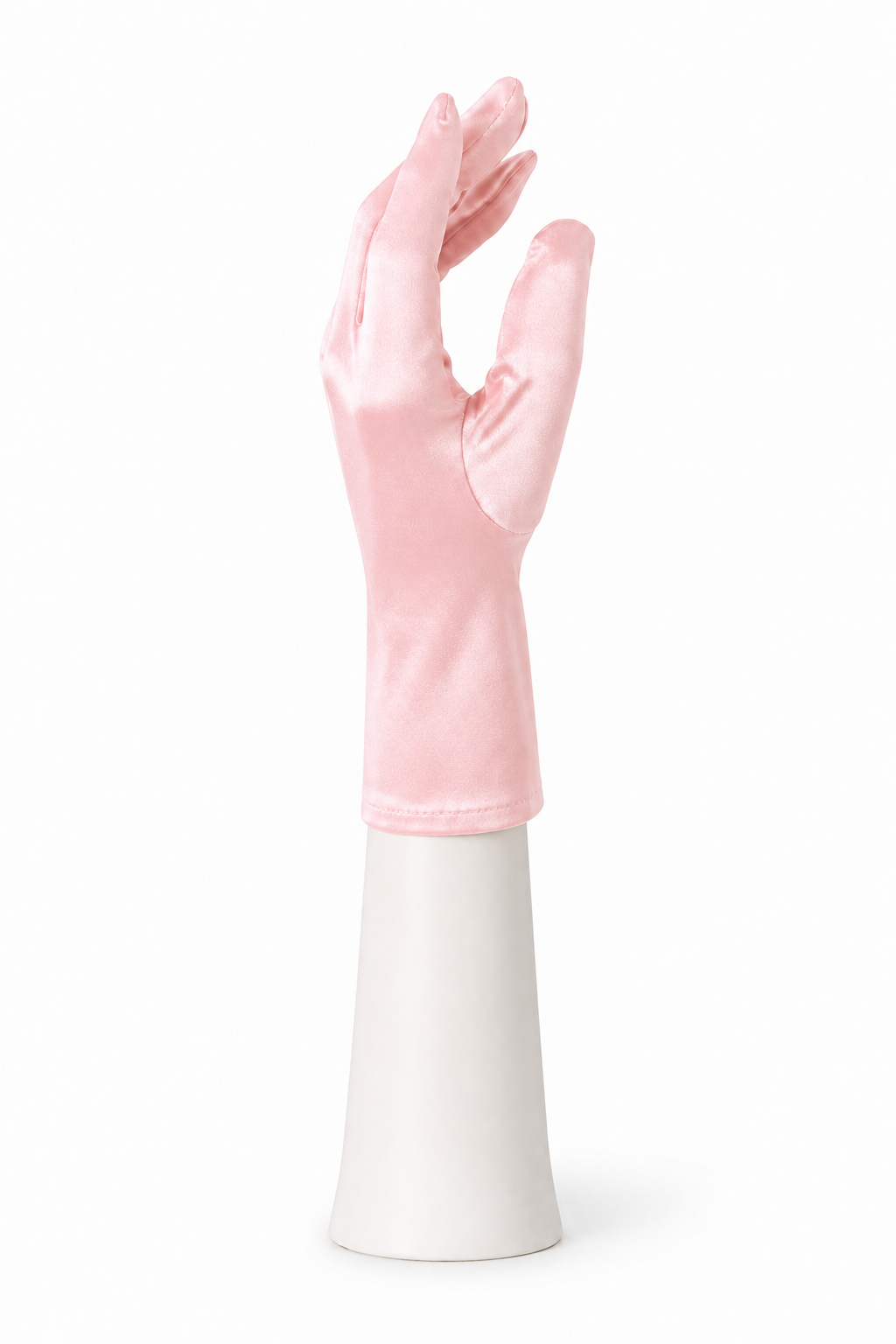 Pink satin tea glove, fitted long cuff, hand shape on white stand.