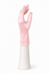 Pink satin tea glove, fitted long cuff, hand shape on white stand.