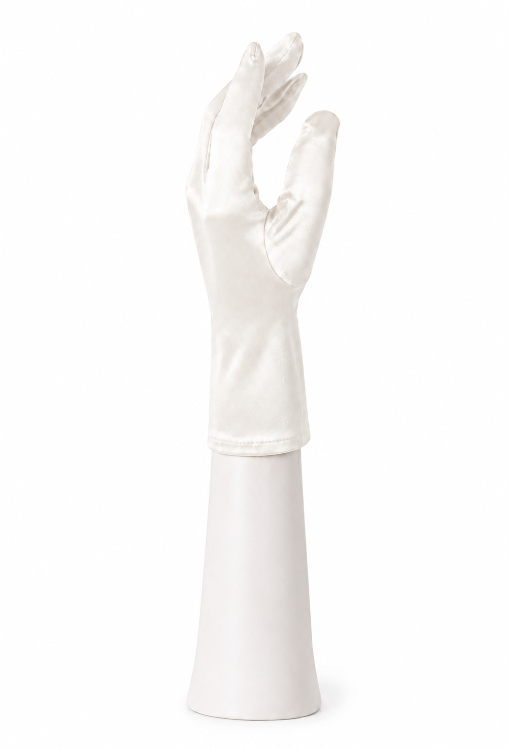 White satin tea glove, fitted long cuff, hand shape on white stand.