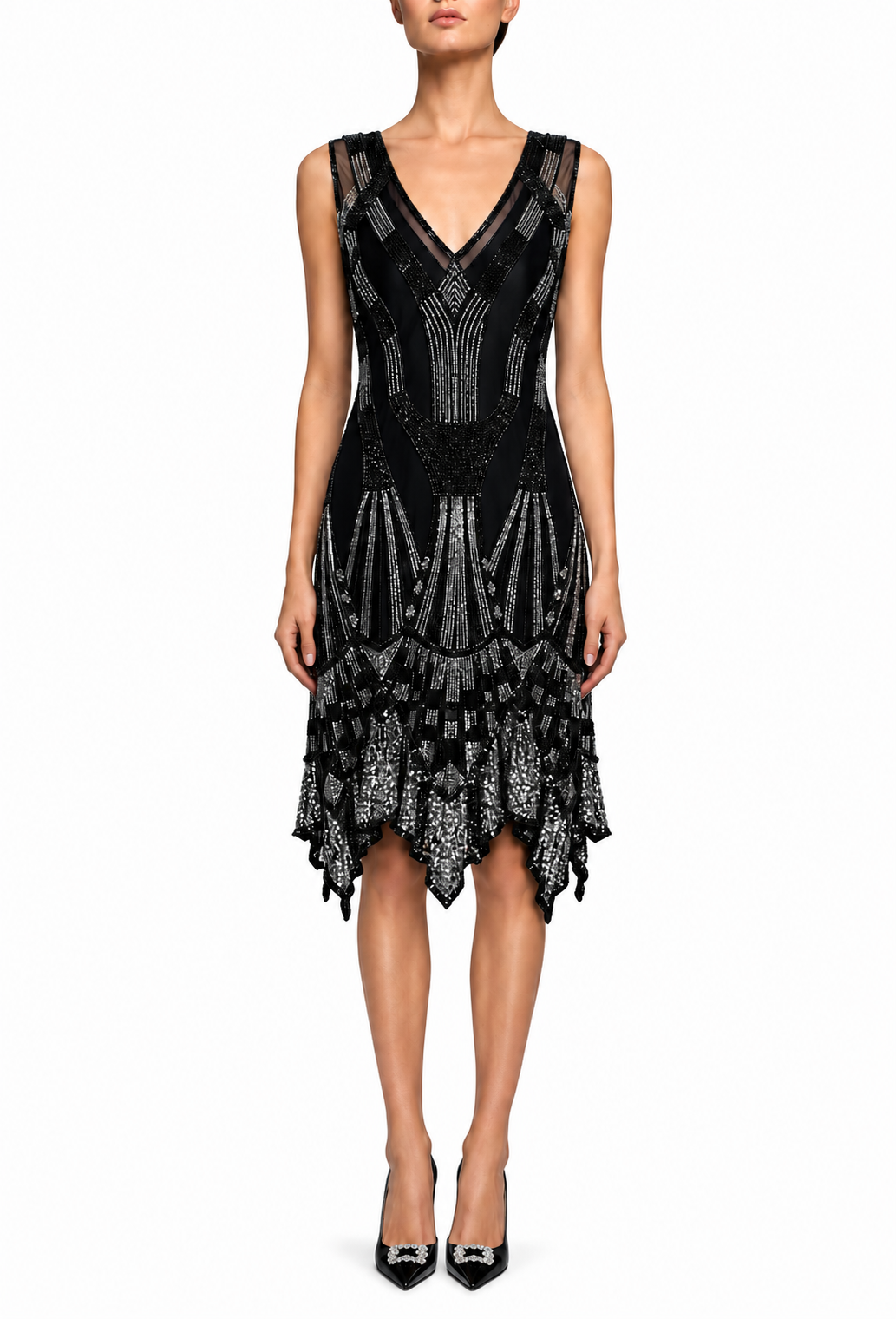 Sleeveless V-neck mini dress on model, geometric beading with fringe