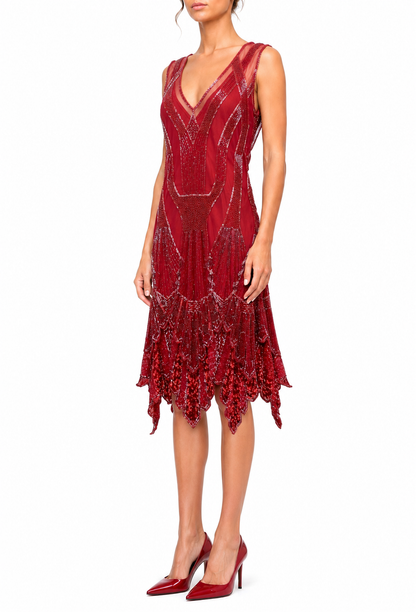 Red sleeveless V-neck cocktail dress with beaded pattern and layered fringe hem