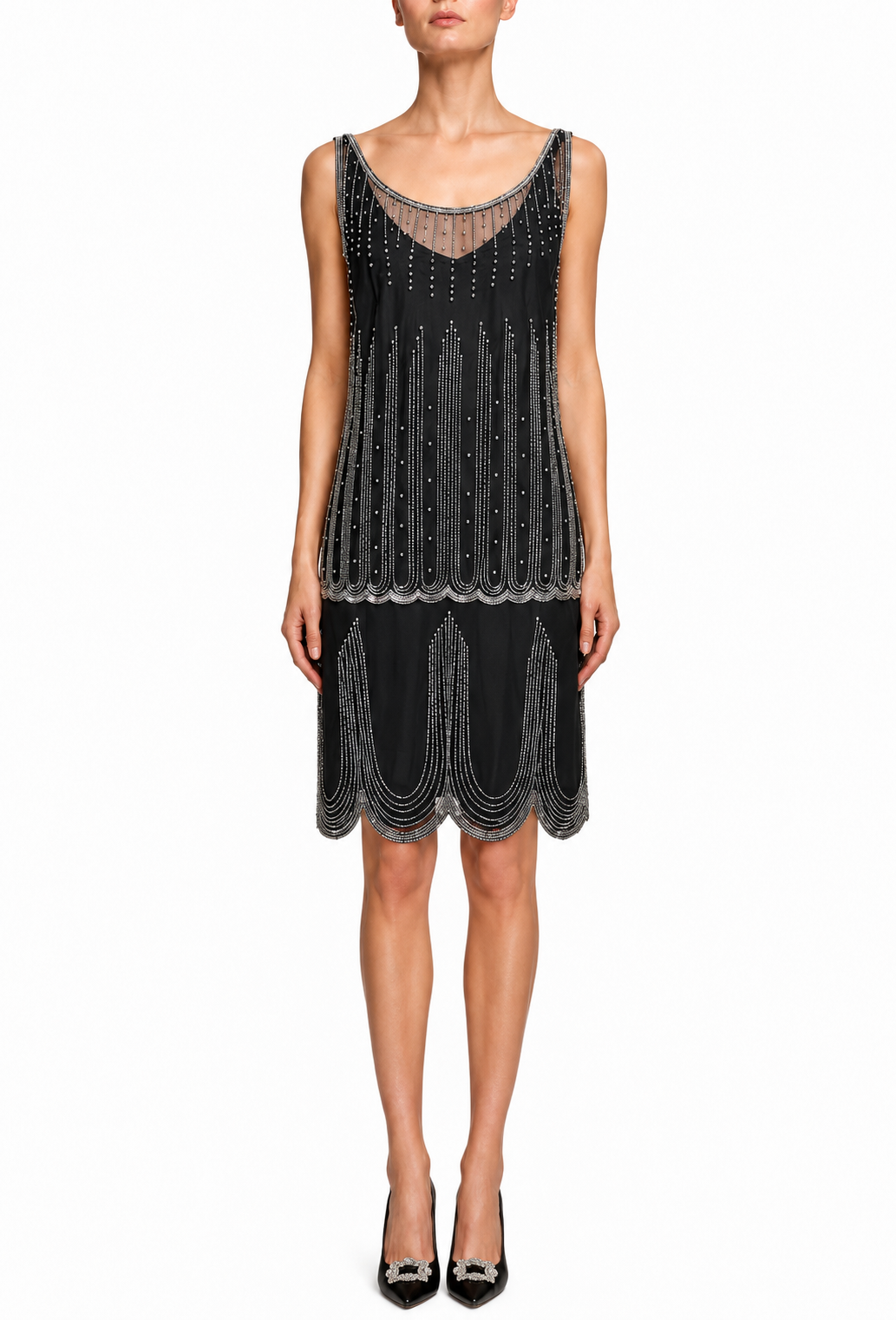 Black sleeveless cocktail dress with beadwork stripes, V neckline, and layered fringe