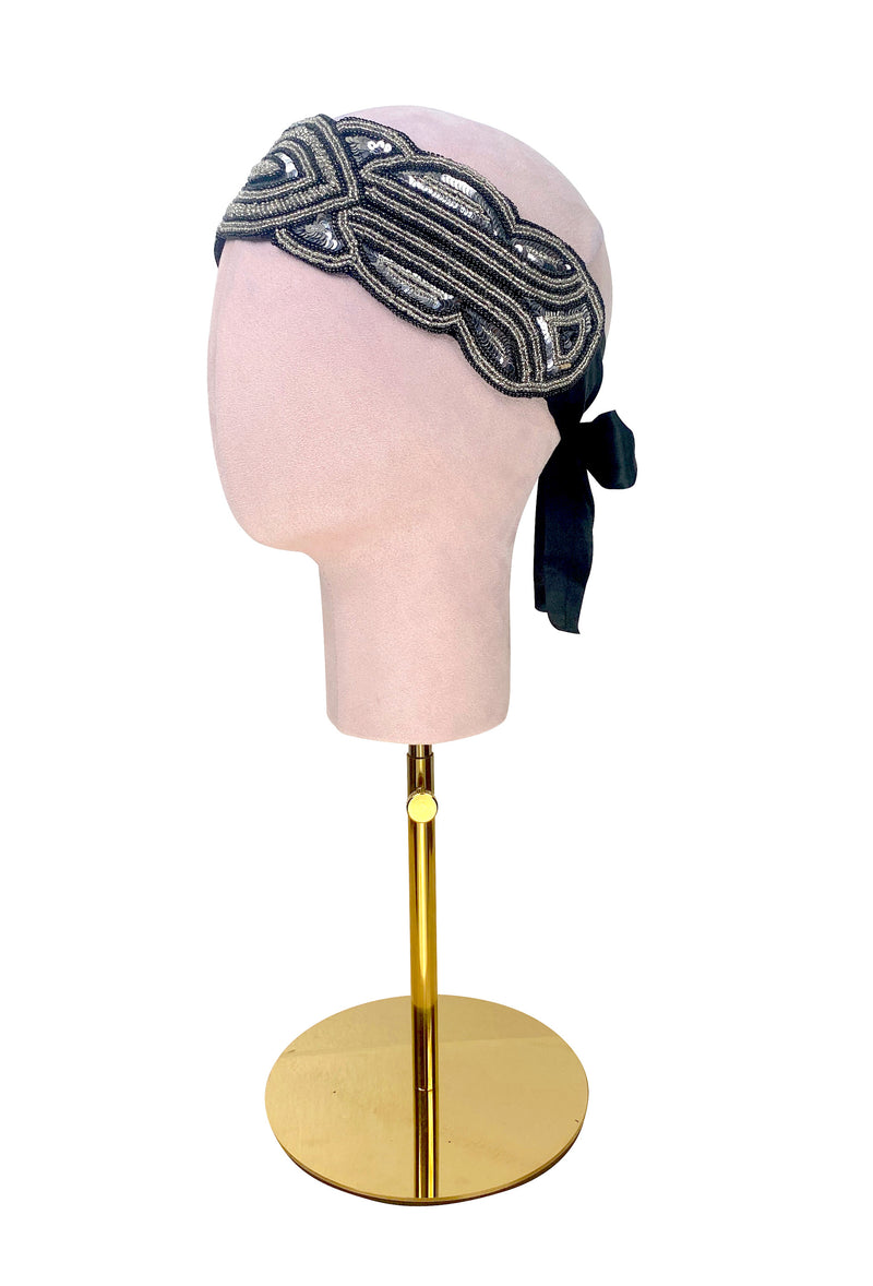 The Patou 1920s Silk Flapper Bandeau - Silver Jet