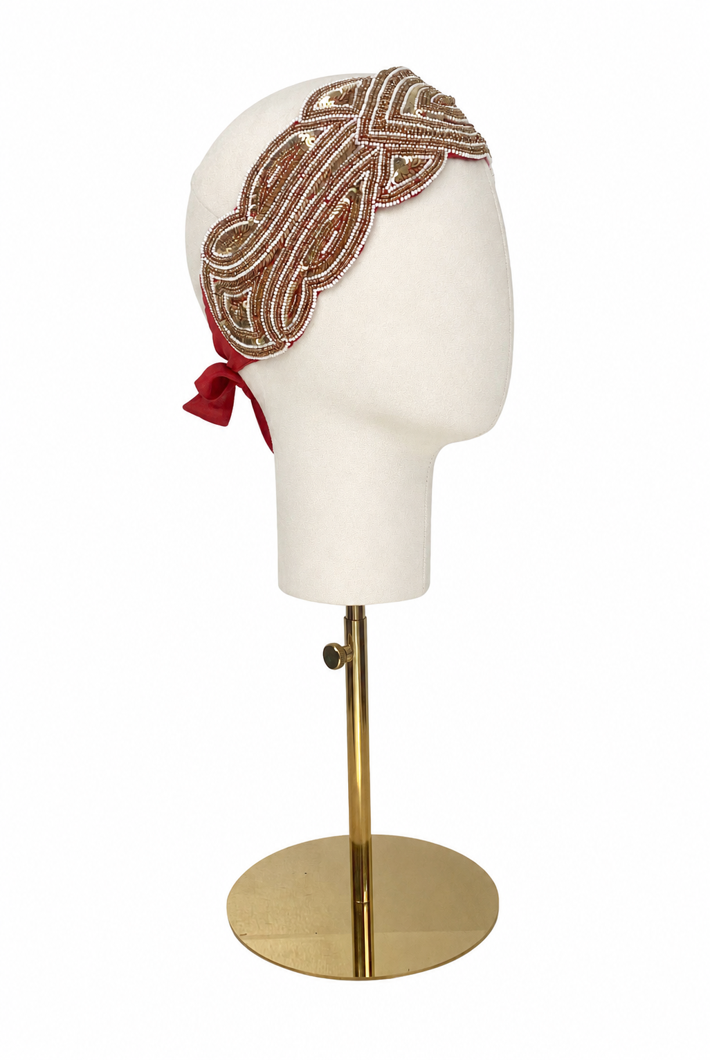 Silk bandeau headband with gold embroidery and red bow
