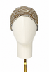 Embellished silk bandeau with gold-tone geometric trim, curved crown design on mannequin