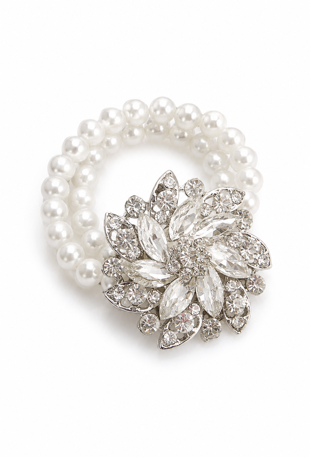 Pearl corsage diamanté bracelet with floral crystal centerpiece