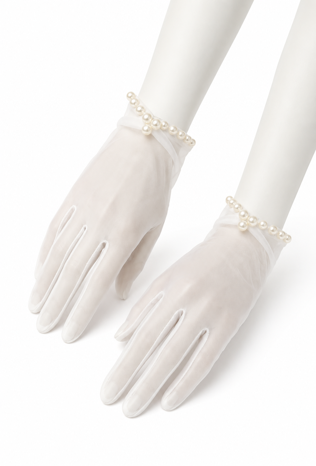 Ivory mesh kitten gloves with pearl bead trim at the wrist