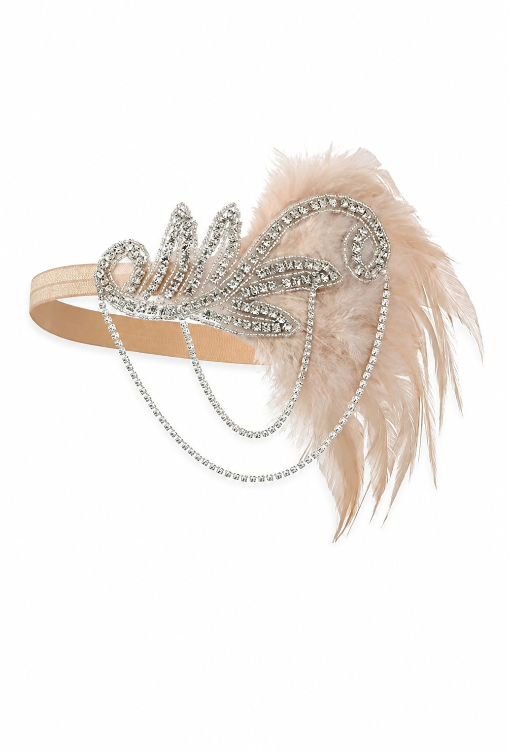 Peach feather bandeau with rhinestone crystal wave design and dangling chain accents