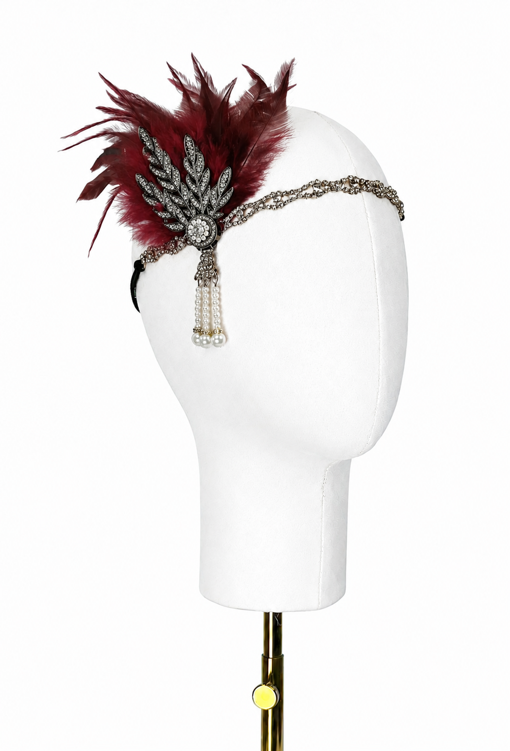 Cabernet noir feather headband with rhinestone centerpiece and dangling bead tassels