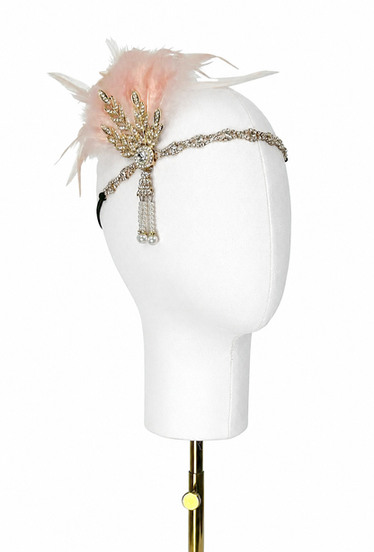 Blush feather headband with gold-tone jeweled chain and drape detail