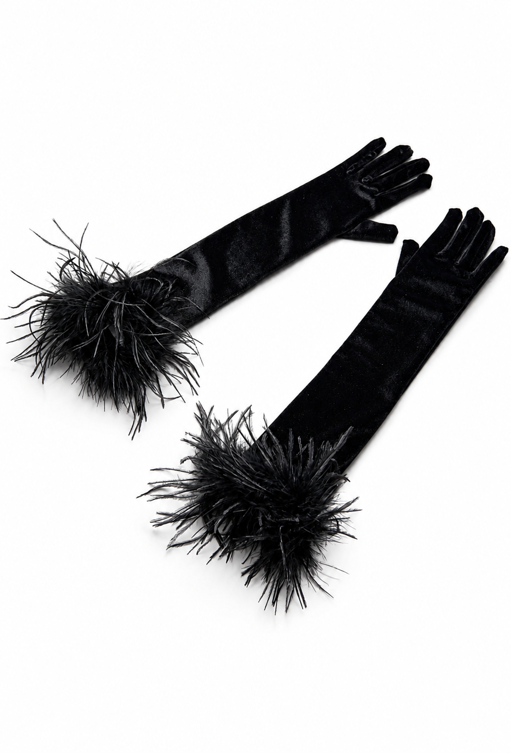 Black velvet opera gloves with fluffy black feather plume cuffs
