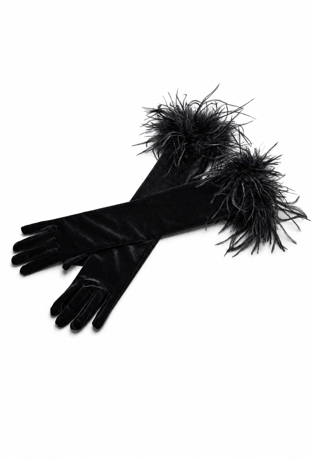 Black velvet opera gloves with large feather plume detail on cuffs