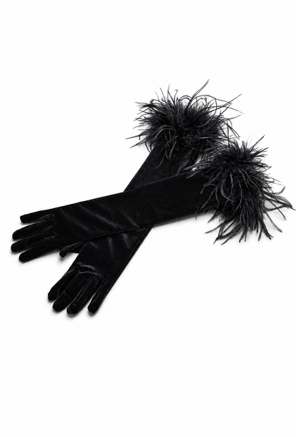 Black velvet opera gloves with large feather plume detail on cuffs