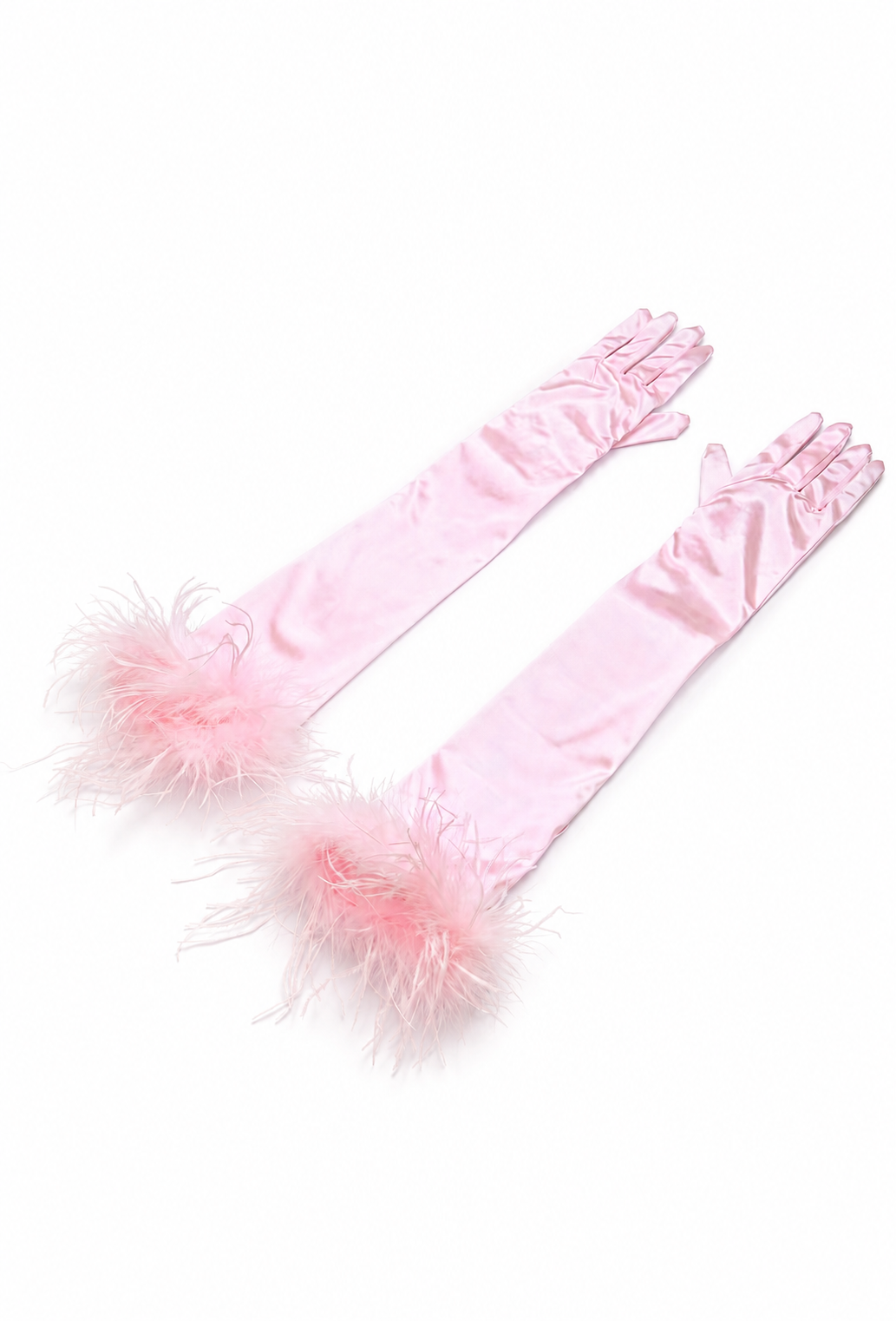 Rose satin opera gloves with pink feather trim at the wrist