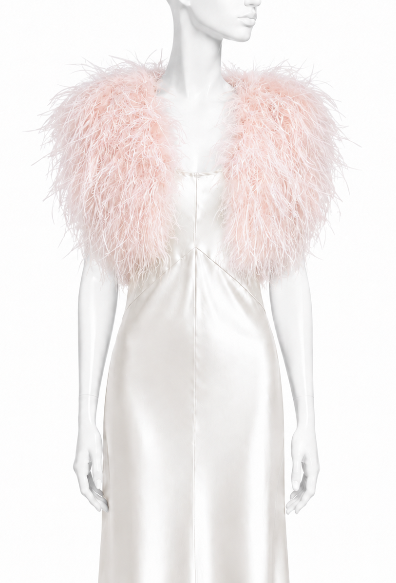 Blush rose ostrich-feather bolero shrug with open front and cropped sleeves