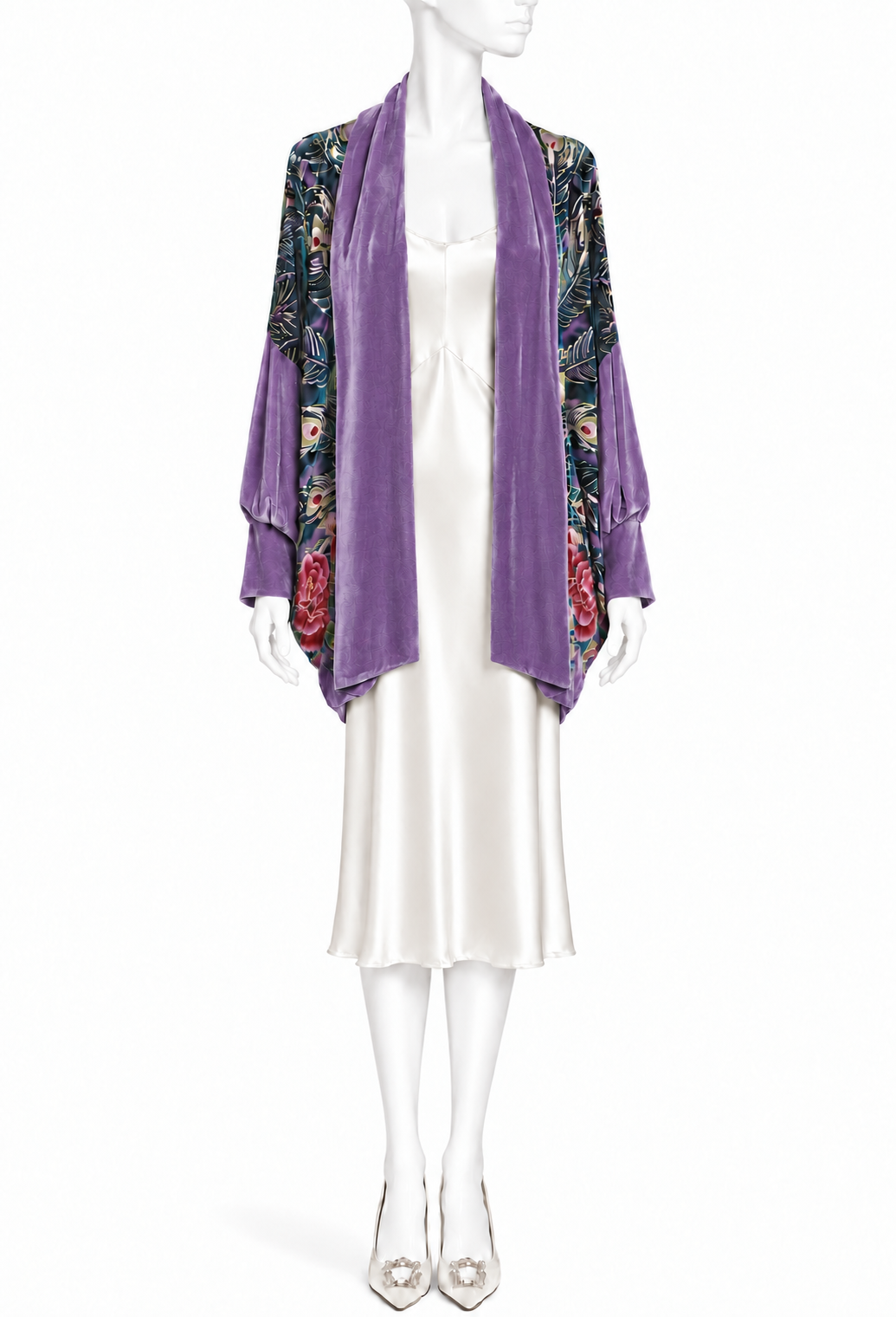 Purple velvet cocoon wrap with open front, draped collar, peacock-patterned trim