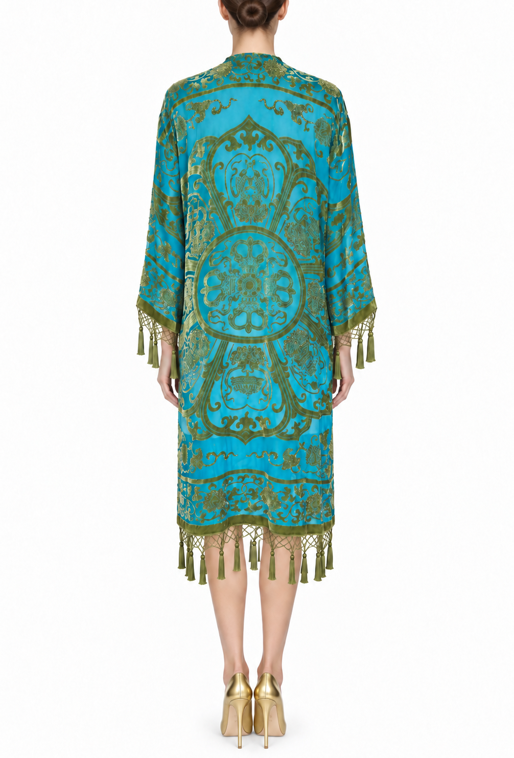 Silk velvet kimono back view in teal with ornate center medallion and fringe tassel hem