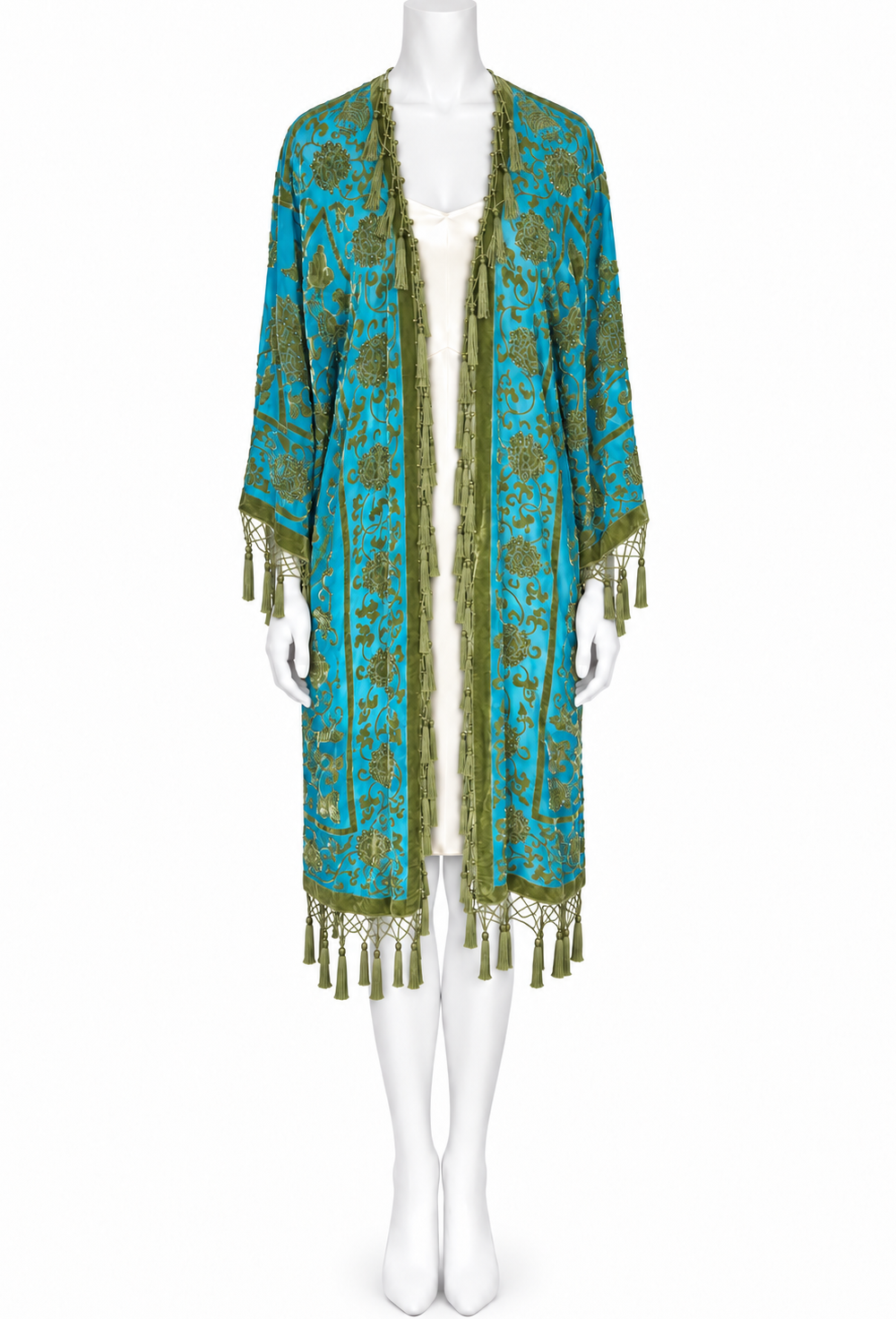 Silk velvet kimono in teal with patterned trim, open front, fringe tassels at cuffs and hem