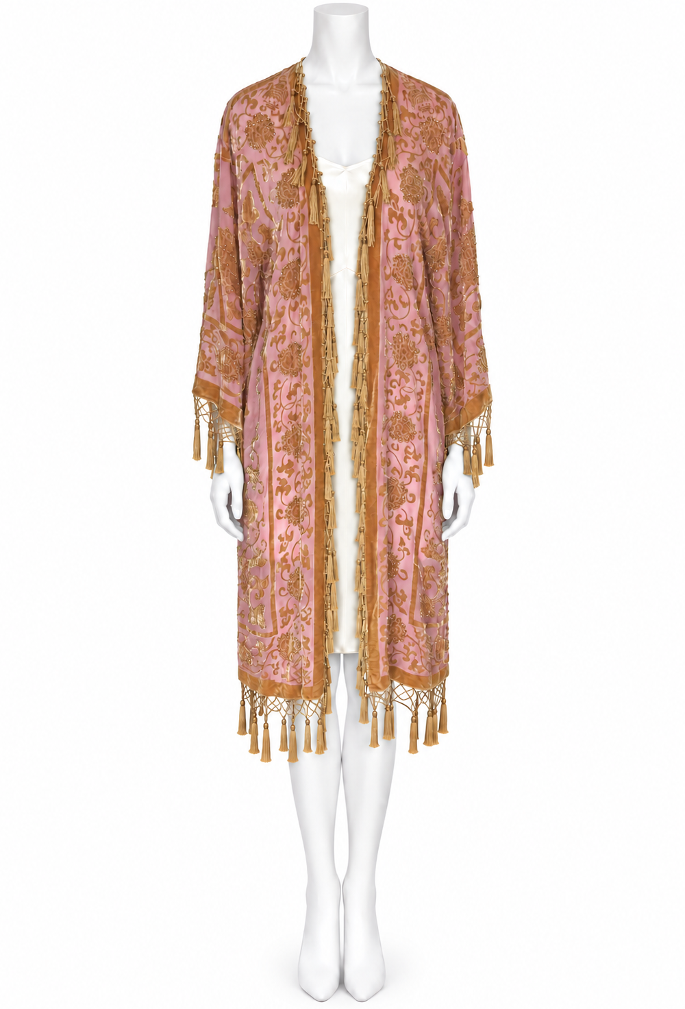 Rose-gold silk kimono with open front, wide sleeves, ornate print, tassel fringe trim