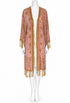 Rose-gold silk kimono with open front, wide sleeves, ornate print, tassel fringe trim