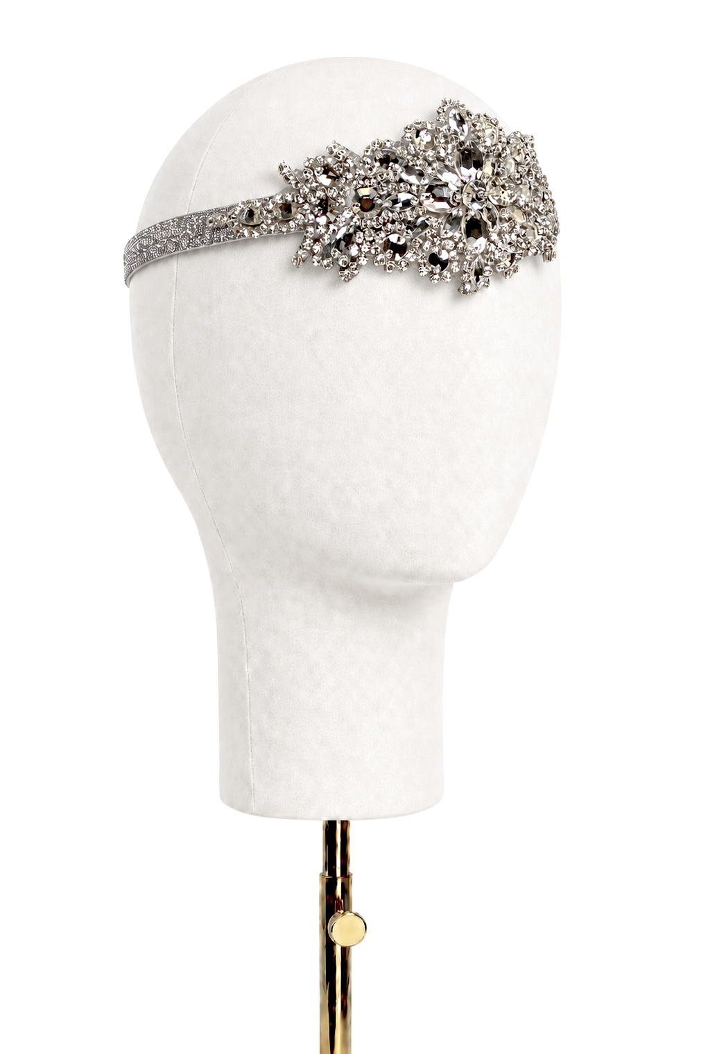 Palladium crystal floral headband with ornate sparkle cluster on satin band