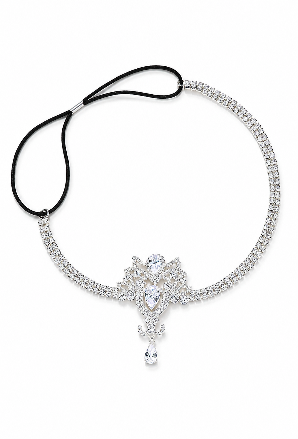 Rhinestone crystal headband with black ribbon ties and teardrop pendant center