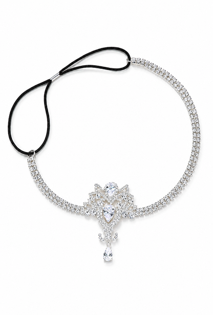 Rhinestone crystal headband with black ribbon ties and teardrop pendant center