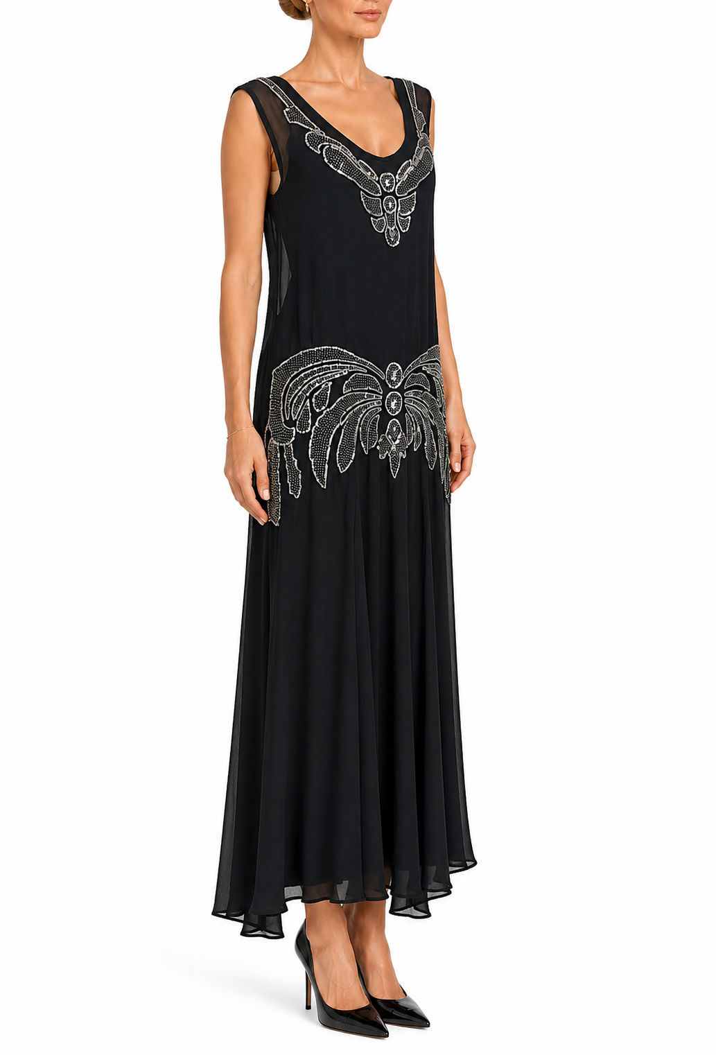 Black sleeveless maxi gown with silver beaded V neckline and flowing skirt