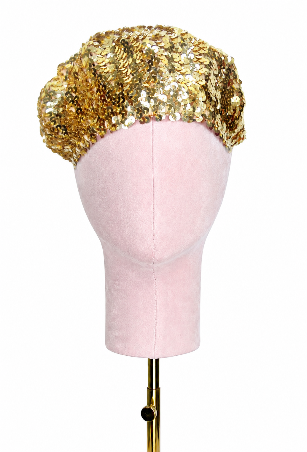 Gilded gold sequin beret with full sequin texture and curved crown