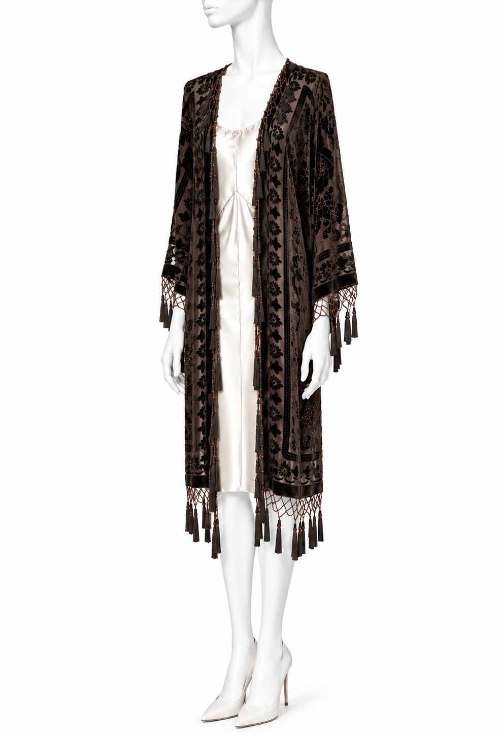 Silk velvet tassel kimono in dark brown/black with open front and fringe trim