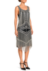 Sleeveless silver-gray sequin fringe midi dress with scoop neckline and beaded border