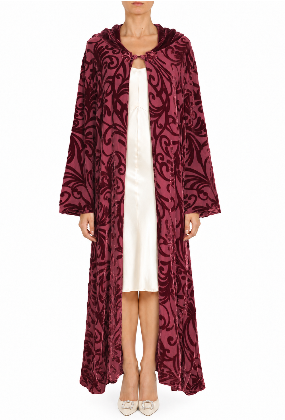 Bordeaux rose velvet hooded opera coat with swirling print, long open-front silhouette