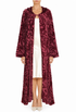 Bordeaux rose velvet hooded opera coat with swirling print, long open-front silhouette