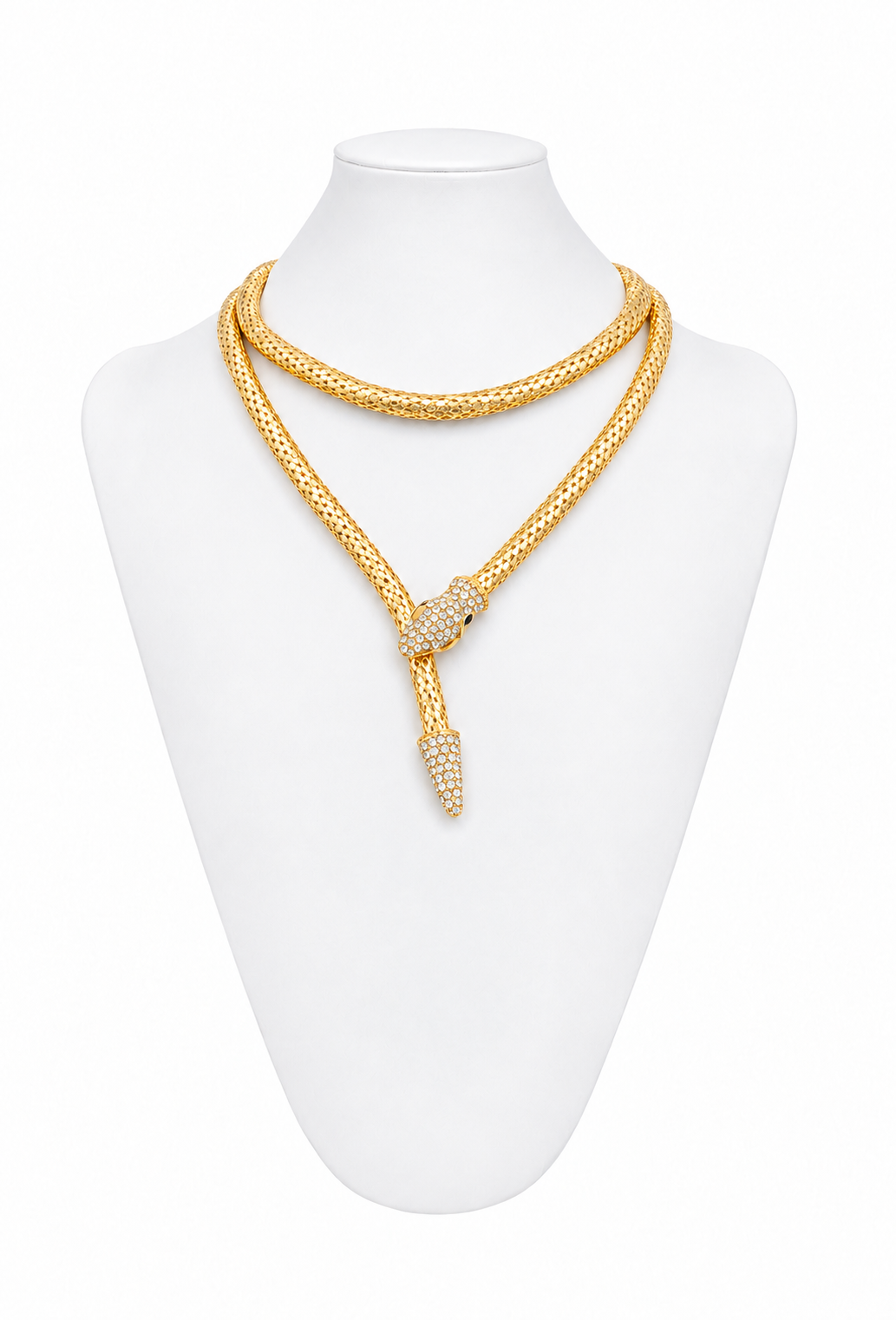 Gold serpent mesh necklace with snake-head clasp and dangling tail detail
