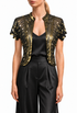 Black beaded bolero with gold vertical stripes, short sleeves, open front